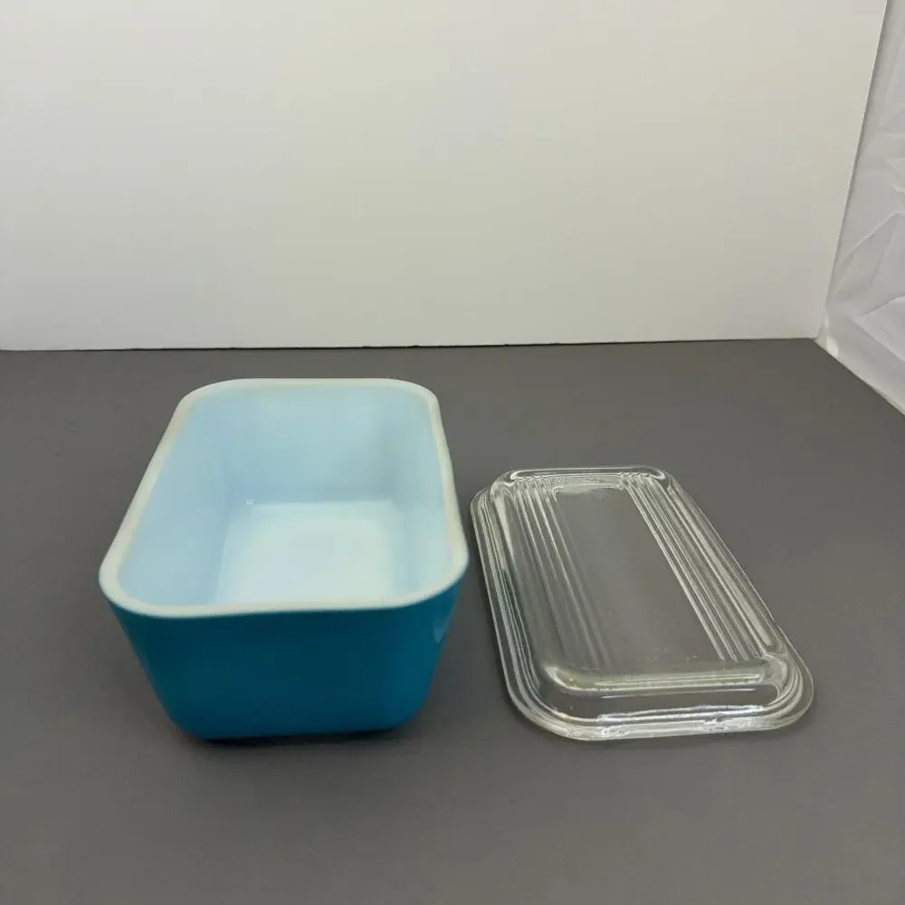 Vintage PYREX 502 Blue Refrigerator Dish w/ Ribbed Lid 1.5 Pint USA Fridgie